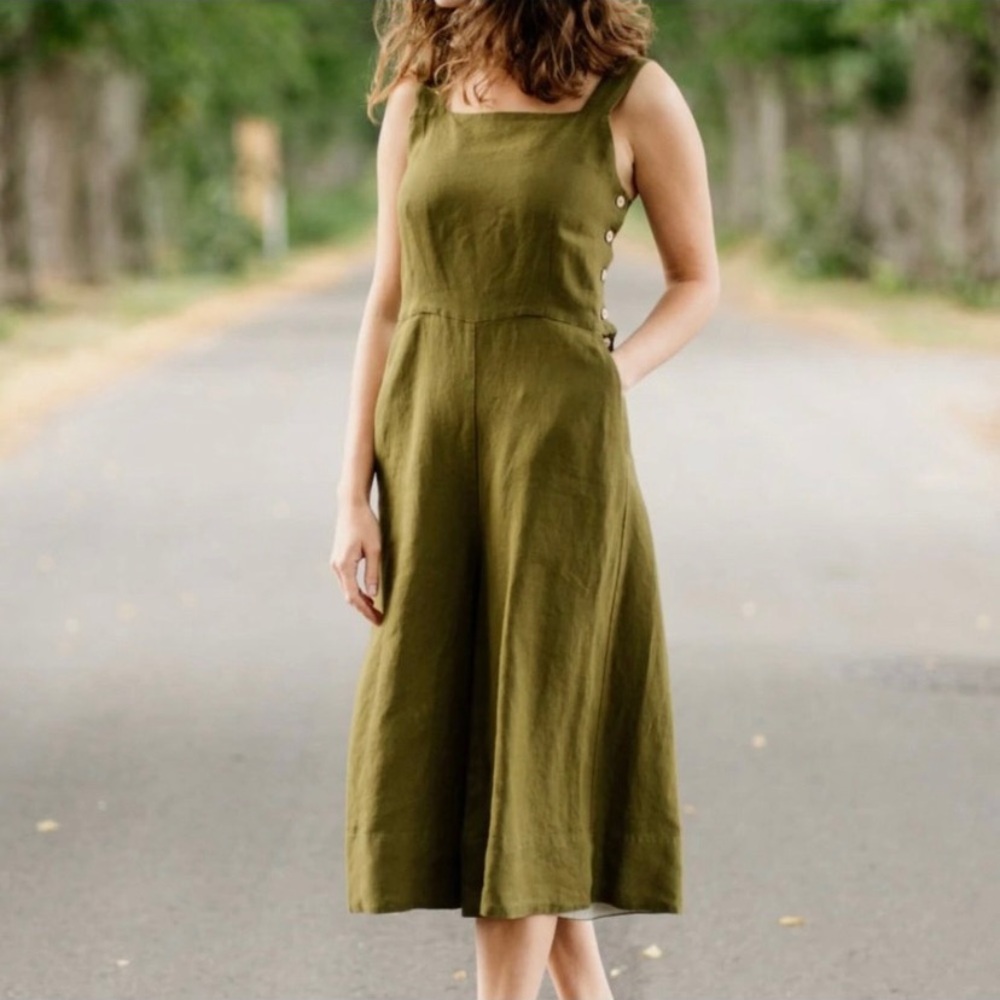 SON DE FLOR LINEN PINAFORE OVERALL JUMPSUIT GREEN XXL
